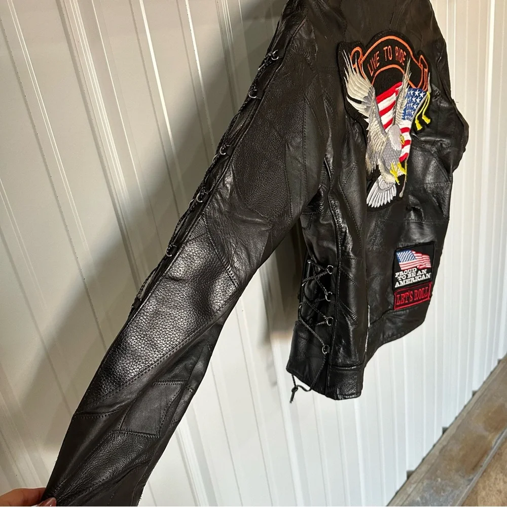 Vintage Mens Diamond Plate Buffalo Motorcycle Black Leather Patch Jacket Medium - Picture 4 of 10